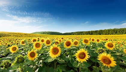Fototapeta premium bright sunflowers under clear blue sky in a lush green landscape on a sunny day