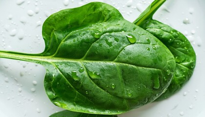 Obraz premium fresh green spinach leaves close up with water drops on a white surface healthy food background with bright vibrant colors