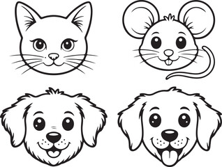 A charming collection of cartoon animal heads. Vector line art featuring a cat, mouse, and two puppy dogs in a simple black and white outline style.
