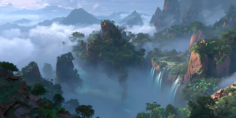Misty Mountain Peaks and Floating Islands in a Lush Fantasy Landscape