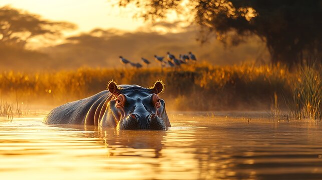 Hippopotamus emerging from golden water at sunrise. Misty wetlands and birds in background. Wildlife conservation and beauty of nature. World Hippo Day with copy space