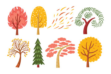 Vibrant Trees Illustrations : A collection of diverse and stylized tree illustrations showcases nature's variety and the beauty of the tree across various seasons.