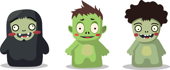 Set of 3 vector cute halloween zombie squishmallows isolated on white background. Soft funny green flat cartoon style toy monsters