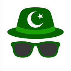 Stylized National Day Celebration Icon &ndash; Pakistan Theme, Pakistan Independence Day Hat with Sunglasses Icon, Green Hat and Sunglasses with Pakistan Flag Emblem