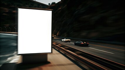 White Blank Billboard on Busy Highway with Speeding Cars, sophisticated sports cars racing along, coastal cliffs with turquoise waves crashing below.