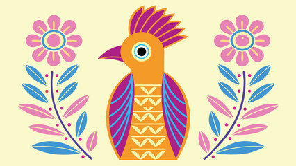 Obraz premium Colorful Folk Art Bird With Flowers And Leaves On Light Yellow illustration
