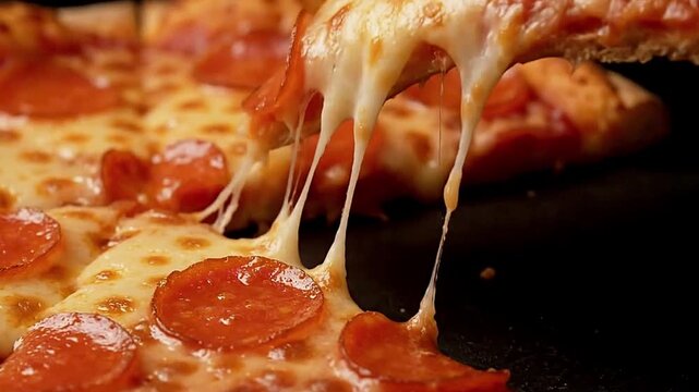 Pizza slice lifted showing melted cheese and pepperoni topping on a black background
