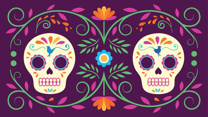 Obraz premium Day Of The Dead Sugar Skulls With Floral Swirls And Birds Illustration calavera