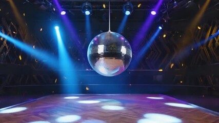 Shimmering disco ball hanging in a vibrant dance club with colorful lights illuminating the floor - Powered by Adobe