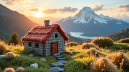 Cozy log cabin nestled in scenic mountain landscape at sunset.