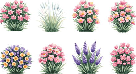 Flowering plant illustration, botanical set, pink flowers, purple blooms, green leaves, nature sketch, garden flora, floral variety, plant collection, seasonal bloom