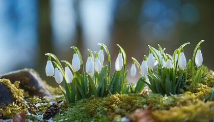 snowdrop or common snowdrop galanthus nivalis flowers snowdrops after the snow has melted in the forest in the wild in spring snowdrops bloom