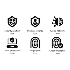 Security solution, Personal security, Network, Virus protection, Finger print, Check fingerprint, icon