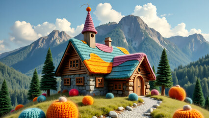 Whimsical Candy Cottage in Mountain Landscape Fairytale Setting