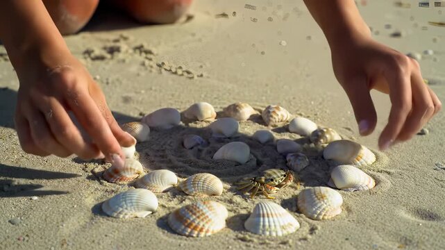 Child's Hands arranging seashells around a small crab on a sandy beach