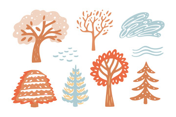 Decorative tree Collection: A collection of stylized trees, with an array of shapes and textures, illustrating a harmonious ecosystem. the charm of this artistic ensemble