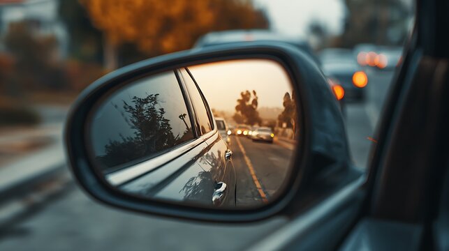 Reflection of the road and trees in a car side mirror during golden hour - Powered by Adobe