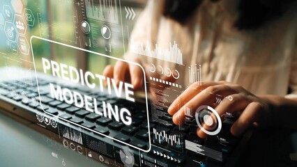 Hands Typing on Keyboard with Overlay Graphics of Predictive Modeling Concepts and Data Analysis Techniques. Asymptotic smart data analytic.