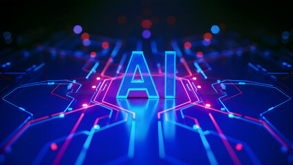 Glowing ai letters on a circuit board with blue and pink neon lights in a futuristic design theme