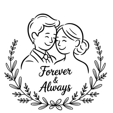 Forever & Always: Romantic illustrated embrace with elegant script, capturing the timeless vows.