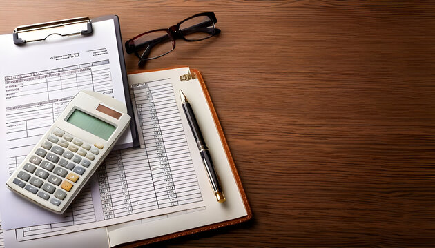 Financial Report with Calculator and Pen on Wooden Desk