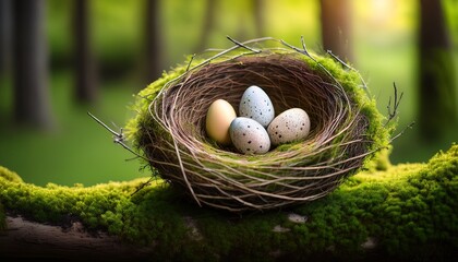 Fototapeta premium a nest made of twigs and grass holds several speckled eggs surrounded by vibrant green moss this peaceful scene captures the essence of spring as wildlife thrives