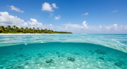 Tropical Island Paradise – Lush Greenery & Clear Waters under Bright Sky