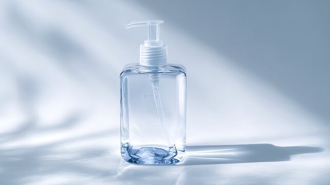 Transparent Gel Hand Sanitizer Dispenser with Rippling Water Droplets Inside and Sunlight Shadows on Background