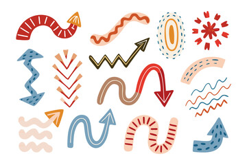 Diverse Directional Arrows: A collection of uniquely styled, colorful arrows, each with its own character, shape, and orientation, symbolizing various directions, choices, and progressions.