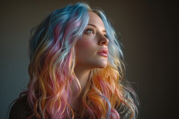 A woman with rainbow ombre hair fantasy model sparkling magical effects dreamy atmosphere