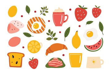 Vibrant breakfast treats in an artistic arrangement : A colorful flat lay presents a delicious breakfast spread, offering a visual feast of various food items, with bright, appealing aesthetics.