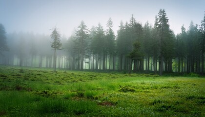 serene forest scene with towering trees and lush green grass shrouded in gentle fog during spring