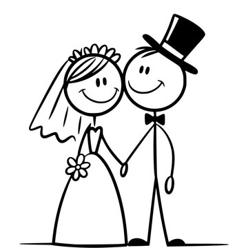 Simple Wedding Day Couple: A charming illustration of a stick figure bride and groom standing together, embracing the special moment of their wedding day with joy and love.