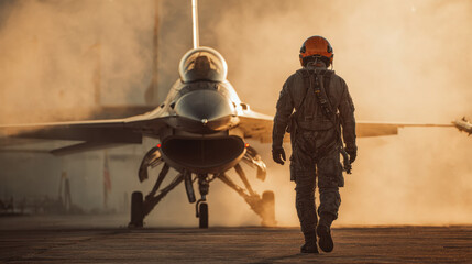 Air force pilot approaching jet fighter on airstrip during dramatic sunset with engine vapor creating a misty and intense atmosphere