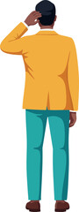 Man in yellow jacket and teal pants standing scratching head facing away from viewer vector illustration