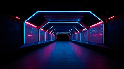 Vibrant Neon Lit Tunnel with Blue and Red Lights