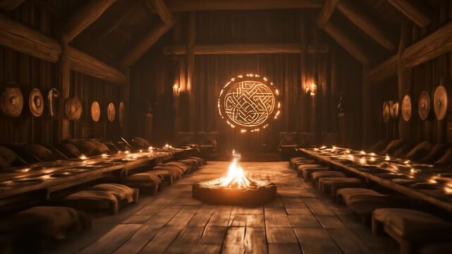 Viking Feast Hall: Warm Fire, Long Tables, Shields, and Norse Symbol Glow