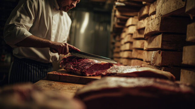 Butcher slicing raw steak with large cleaver on wooden counter in dark rustic shop