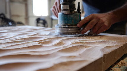Woodworker carving a wave-like pattern into a hardwood surface with a handheld router, scattering fine sawdust in a bright workshop
