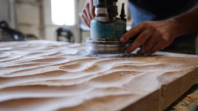 Woodworker carving a wave-like pattern into a hardwood surface with a handheld router, scattering fine sawdust in a bright workshop