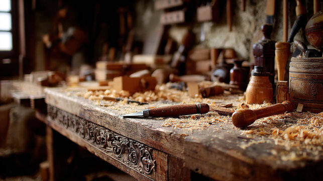 Rustic woodworking bench covered with hand tools, wood shavings, and vintage carving instruments in a warm, atmospheric workshop - Powered by Adobe