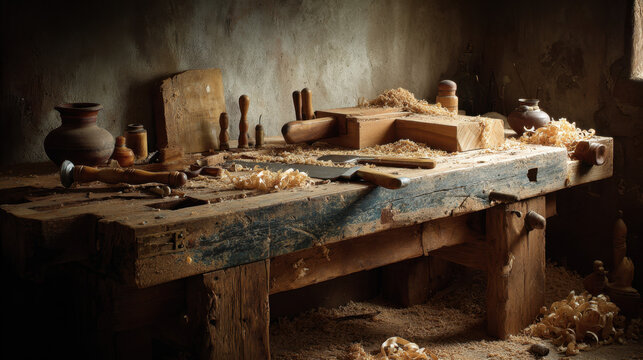 Rustic woodworking bench covered with hand tools, wood shavings, and vintage carving instruments in a warm, atmospheric workshop