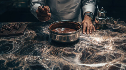 Chocolatier stirring melted chocolate in stainless steel bowl on elegant marble counter under warm lighting