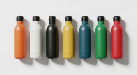 Vibrant Collection of Modern Reusable Water Bottles Arranged in a Row