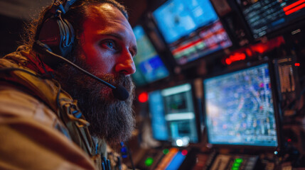 Obraz premium Crisis negotiator wearing headset focused on multiple monitors in command center