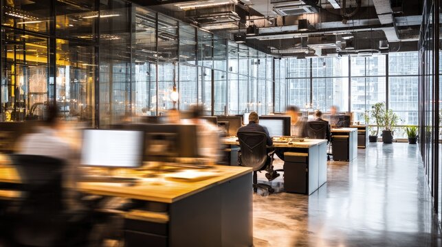 Busy Modern Office Interior With Blurred Workers