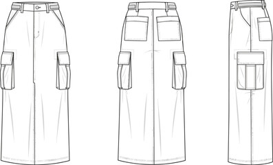 PrintCargo skirt flat sketch, technical fashion illustration for streetwear design, utility-inspired women’s apparel, perfect for designers, tech pack use