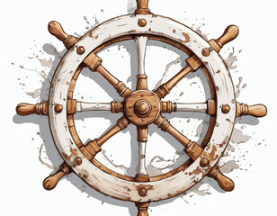 A symmetrical illustration of a vintage ship's wheel, rendered in shades of teal and grey with orange accents highlighting the inner rim and details around the handles, set against a plain white backg