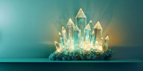 Crystal Castle with Glowing Spires on Rocky Base – Magical Fantasy Decor Photography
