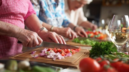 Seniors chopping vegetables in a kitchen